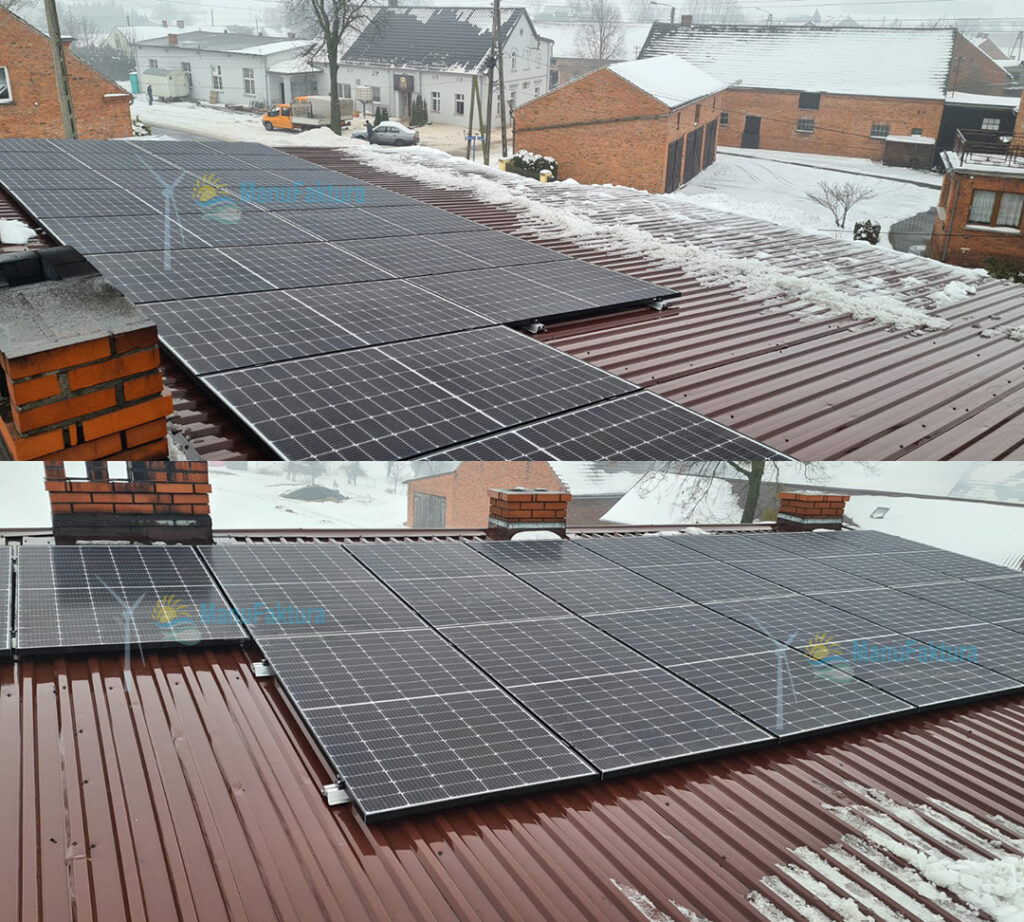 Fotowoltaika Kujakowice Górne 6,46 kWp - instalacja paneli słonecznych na dachu z blachy falistej